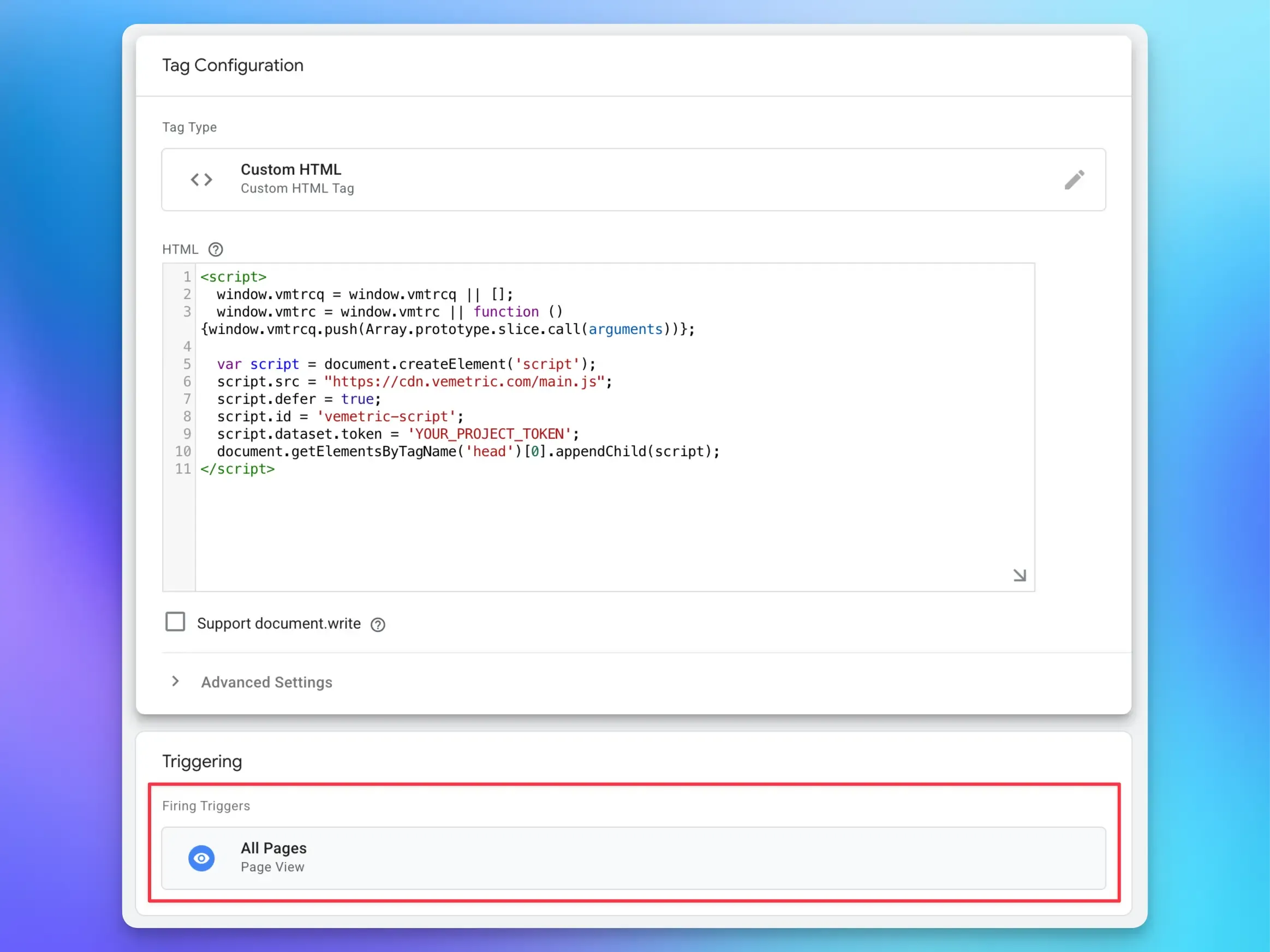 Screenshot of specifying the tag trigger in Google Tag Manager