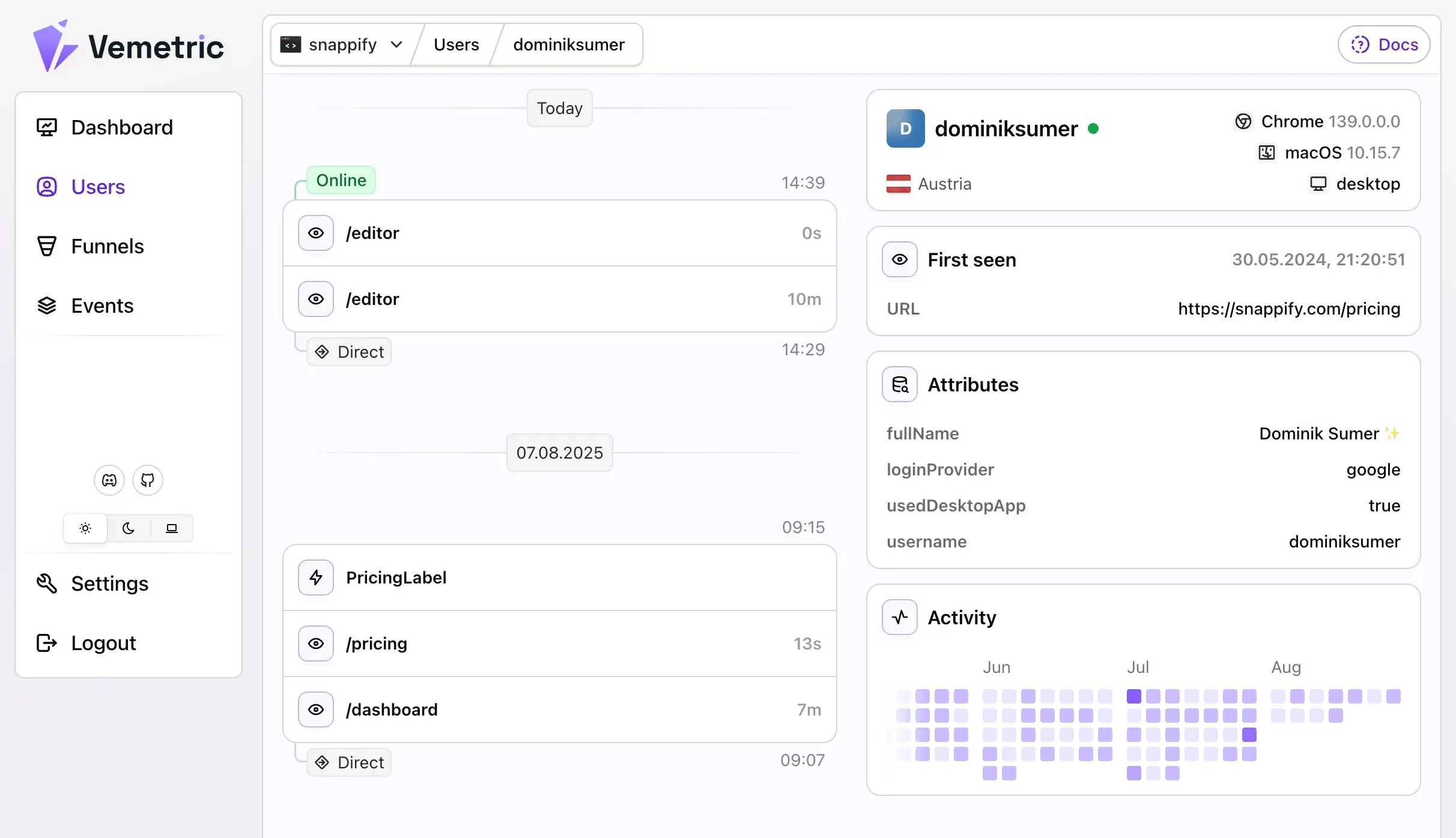 Screenshot of the Vemetric Users